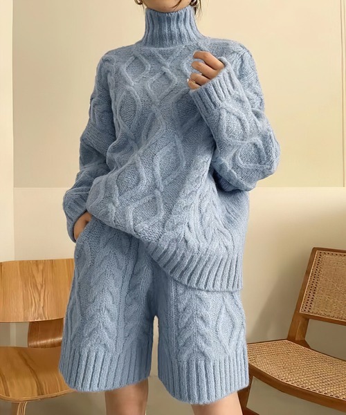 セール】【ニットセットアップ】ハイネックケーブルニット×ショート