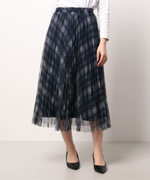 KOBE LETTUCE（コウベレタス）の「あったか裏地付きチュールプリントスカート[M3499]（スカート・レディース・ブラウン/ネイビー・FREE）」の2枚目の写真