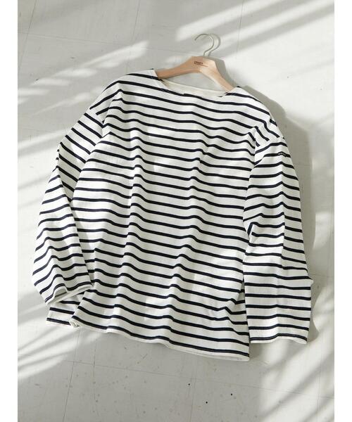 CRAFT STANDARD BOUTIQUE（クラフトスタンダードブティック）の「ヘビーウェイトバスクボーダーL/S-TEE　＊（Tシャツ/カットソー・メンズ・チャコールグレー/オフホワイト/ブルー・M/L）」の5枚目の写真