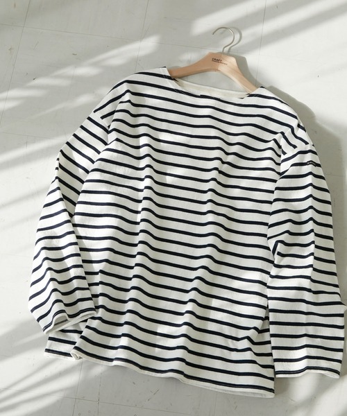 CRAFT STANDARD BOUTIQUE（クラフトスタンダードブティック）の「ヘビーウェイトバスクボーダーL/S-TEE　＊（Tシャツ/カットソー・メンズ・チャコールグレー/オフホワイト/ブルー・M/L）」の2枚目の写真