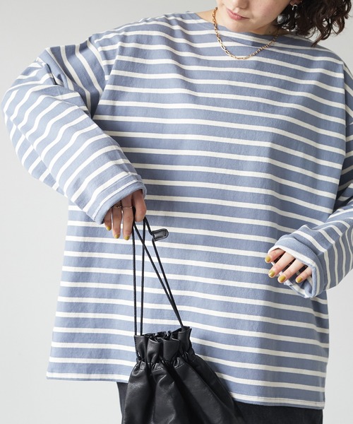 CRAFT STANDARD BOUTIQUE（クラフトスタンダードブティック）の「ヘビーウェイトバスクボーダーL/S-TEE　＊（Tシャツ/カットソー・メンズ・チャコールグレー/オフホワイト/ブルー・M/L）」の3枚目の写真