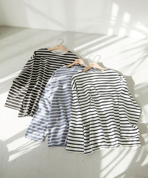 CRAFT STANDARD BOUTIQUE（クラフトスタンダードブティック）の「ヘビーウェイトバスクボーダーL/S-TEE　＊（Tシャツ/カットソー・メンズ・チャコールグレー/オフホワイト/ブルー・M/L）」の4枚目の写真