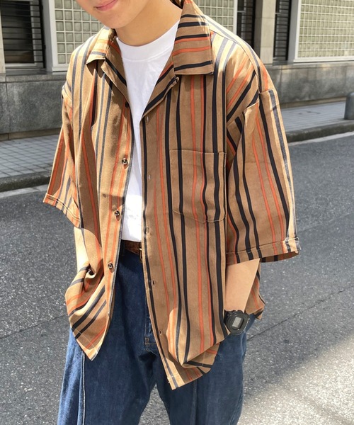 CPCM(シーピーシーエム)の「マルチストライプ半袖開襟シャツ(シャツ/ブラウス・メンズ・ブラック/ブラウン/アイボリー/ブルー・MEDIUM/LARGE)」の3枚目の写真