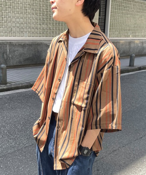 CPCM(シーピーシーエム)の「マルチストライプ半袖開襟シャツ(シャツ/ブラウス・メンズ・ブラック/ブラウン/アイボリー/ブルー・MEDIUM/LARGE)」の13枚目の写真
