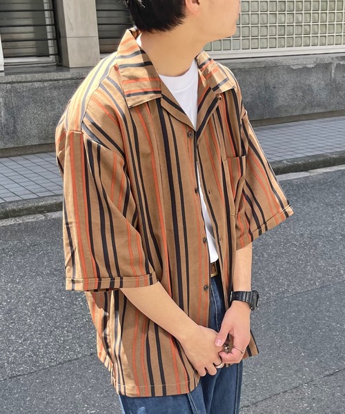 CPCM(シーピーシーエム)の「マルチストライプ半袖開襟シャツ(シャツ/ブラウス・メンズ・ブラック/ブラウン/アイボリー/ブルー・MEDIUM/LARGE)」の7枚目の写真