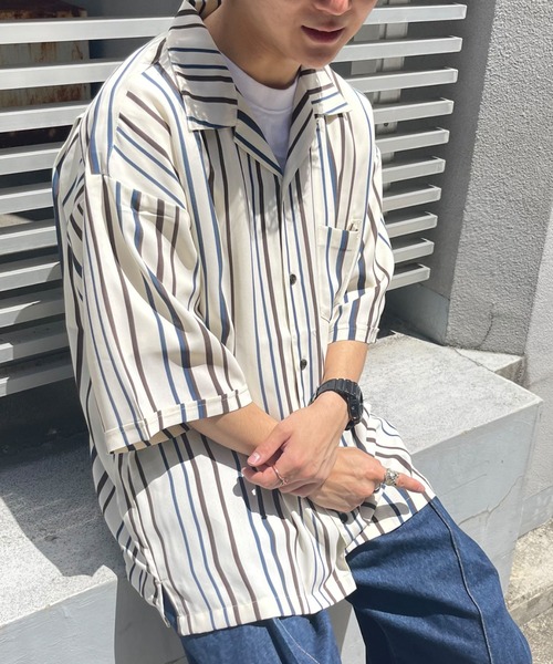 CPCM(シーピーシーエム)の「マルチストライプ半袖開襟シャツ(シャツ/ブラウス・メンズ・ブラック/ブラウン/アイボリー/ブルー・MEDIUM/LARGE)」の8枚目の写真