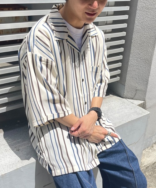 CPCM(シーピーシーエム)の「マルチストライプ半袖開襟シャツ(シャツ/ブラウス・メンズ・ブラック/ブラウン/アイボリー/ブルー・MEDIUM/LARGE)」の5枚目の写真