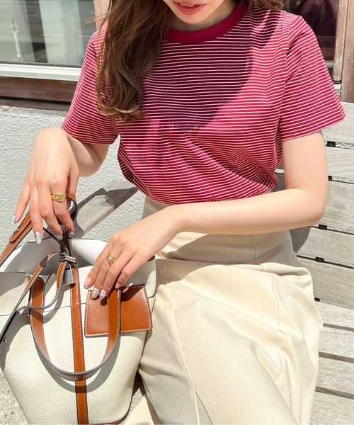 Ambre Ciel(アンブルシエル)の「ボーダーコンパクトTee/【WEB/EC限定商品】(Tシャツ/カットソー・レディース・レッド/ライトグリーン/ピンクベージュ・FREE)」の2枚目の写真