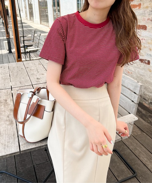 Ambre Ciel(アンブルシエル)の「ボーダーコンパクトTee/【WEB/EC限定商品】(Tシャツ/カットソー・レディース・レッド/ライトグリーン/ピンクベージュ・FREE)」の13枚目の写真