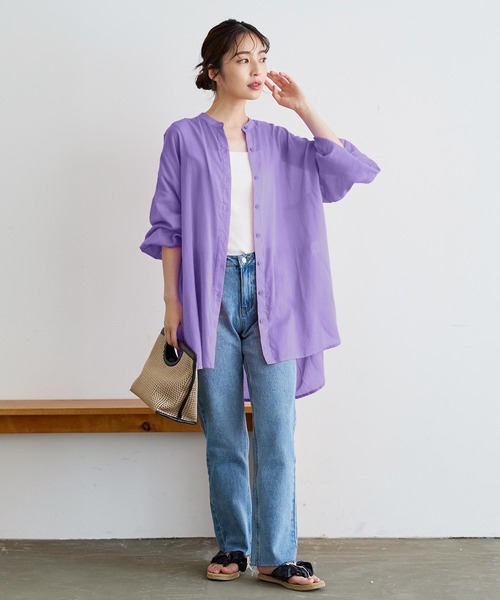 KOBE LETTUCE（コウベレタス）の「コットン100％シアービッグシャツチュニック（シャツ/ブラウス・レディース・モカ/オフホワイト/ピンク/パープル/オレンジ/ブラック・FREE）」の16枚目の写真