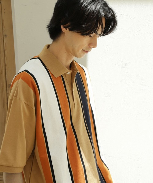 niko and...（ニコアンド）の「アシメストライプポロプルオーバー（ポロシャツ・メンズ・オフホワイト/ブラック/ベージュ/グリーン・MEDIUM/LARGE）」の3枚目の写真