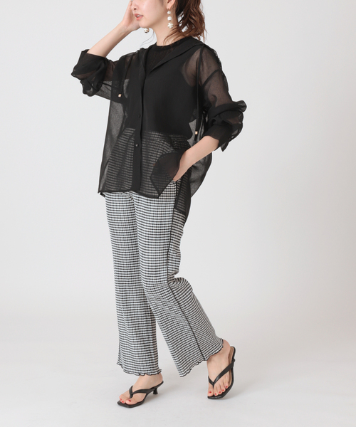 B.C STOCK(ベーセーストック)の「クリンクルチェックイージーパンツ(その他パンツ・レディース・ブラック/グリーン/オレンジ・FREE)」の4枚目の写真