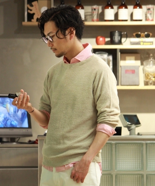 EDIFICE(エディフィス)の「◇リネン パイルボートネック 7ブ(ニット/セーター・メンズ・ベージュ/グリーン/ブルー系その他/ホワイト/イエロー・48/46/44)」の1枚目の写真