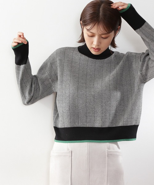 N.（N. Natural Beauty Basic）（エヌエヌナチュラルビューティーベーシック）の「◆バイカラーラインヘリンボンジャガードニット（ニット/セーター・レディース・ブラック/ブラウン/ブルー・MEDIUM）」の2枚目の写真