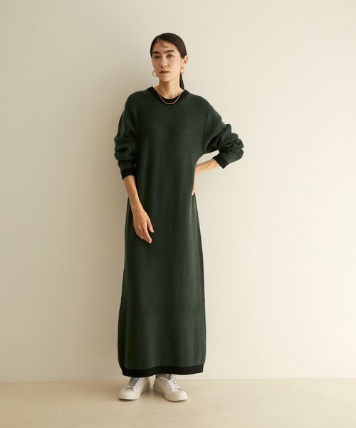 SALON adam et rope'（サロン アダム エ ロペ）の「【WEB限定】バイカラーリブニットワンピース（ワンピース・レディース・ダークブラウン/ベージュ/グリーン・FREE）」の8枚目の写真