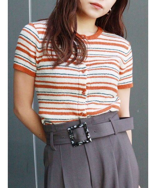 MURUA（ムルーア）の「ミニマルチボーダーカーデトップス（カーディガン/ボレロ・レディース・ネイビー/ブラウン/オレンジ・FREE）」の3枚目の写真