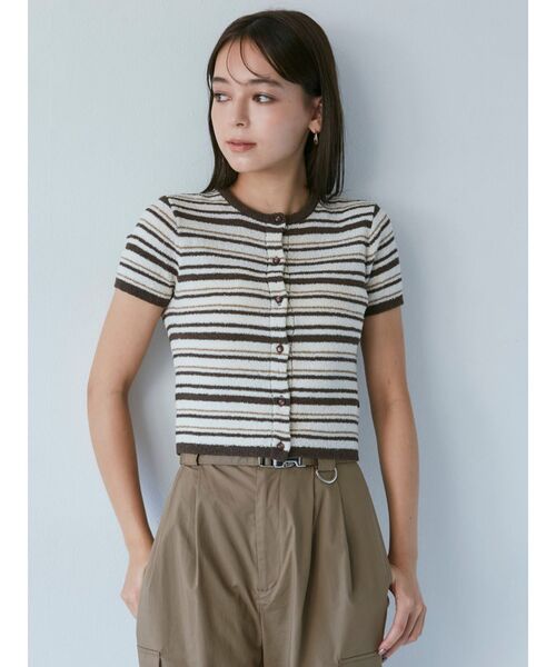 MURUA（ムルーア）の「ミニマルチボーダーカーデトップス（カーディガン/ボレロ・レディース・ネイビー/ブラウン/オレンジ・FREE）」の4枚目の写真