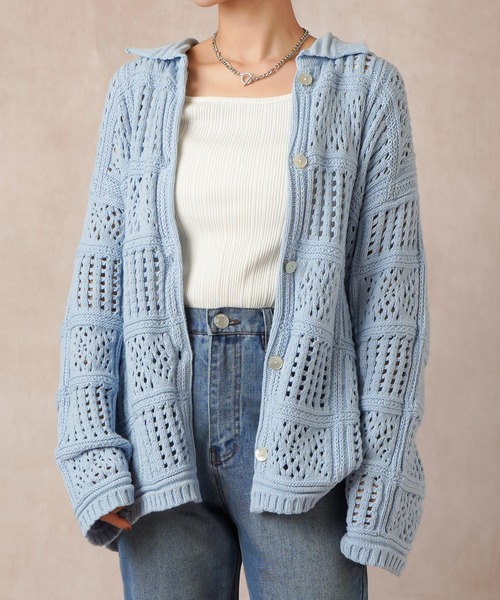 Lull（ルル）の「【Lull / ルル】パネルメッシュニットシャツ（ニット/セーター・レディース・ブラック/オフホワイト/サックスブルー・ONESIZE）」の3枚目の写真