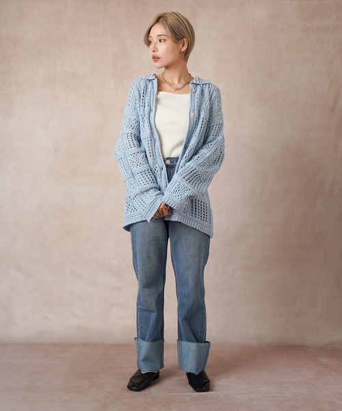 Lull（ルル）の「【Lull / ルル】パネルメッシュニットシャツ（ニット/セーター・レディース・ブラック/オフホワイト/サックスブルー・ONESIZE）」の15枚目の写真