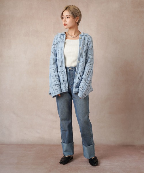 Lull（ルル）の「【Lull / ルル】パネルメッシュニットシャツ（ニット/セーター・レディース・ブラック/オフホワイト/サックスブルー・ONESIZE）」の16枚目の写真