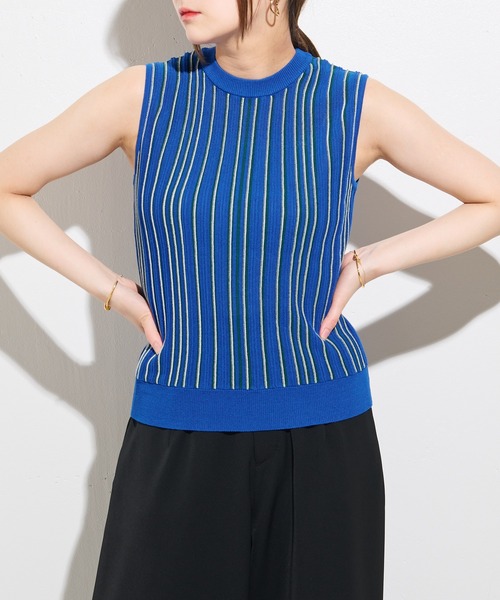 Lui's（ルイス）の「マルチストライプニットタンクトップ（ニット/セーター・レディース・オフホワイト/ブラック/ブルー・FREE）」の3枚目の写真