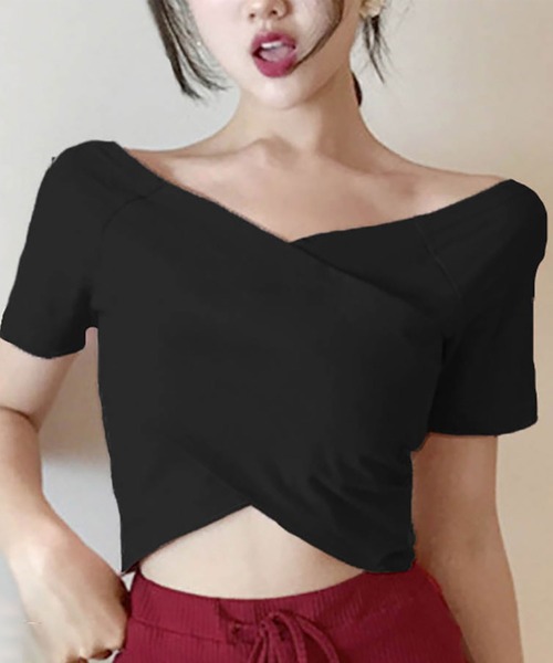 NinaetLina（ニナエリナ）の「Vネックヘソ出しTシャツ肩だしショート丈（Tシャツ/カットソー・レディース・ブラック/ホワイト・L/M）」の3枚目の写真