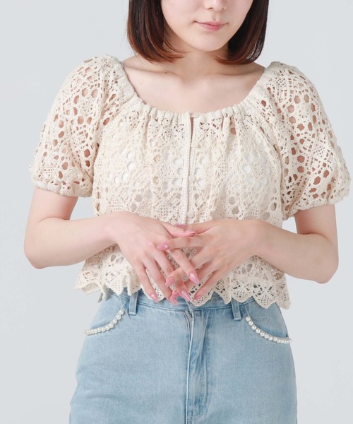 archives(アルシーヴ)の「クロシェ編み2wayTOPS(シャツ/ブラウス・レディース・ブルー/アイボリー/ブラック・MEDIUM)」の4枚目の写真