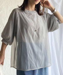 オーガンジー異素材ドッキングボリュームスリーブシアーレイヤード半袖Tシャツ