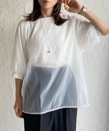 オーガンジー異素材ドッキングボリュームスリーブシアーレイヤード半袖Tシャツ