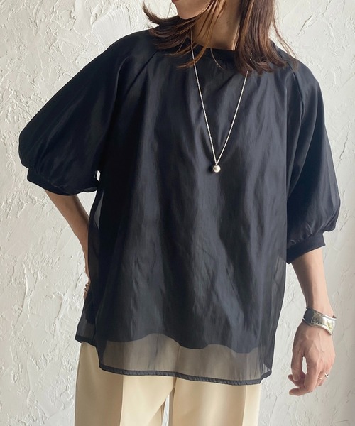 She's Closet(シーズクローゼット)の「オーガンジー異素材ドッキングボリュームスリーブシアーレイヤード半袖Tシャツ(Tシャツ/カットソー・レディース・ブラック/ホワイト/グレー/グリーン・FREE)」の3枚目の写真