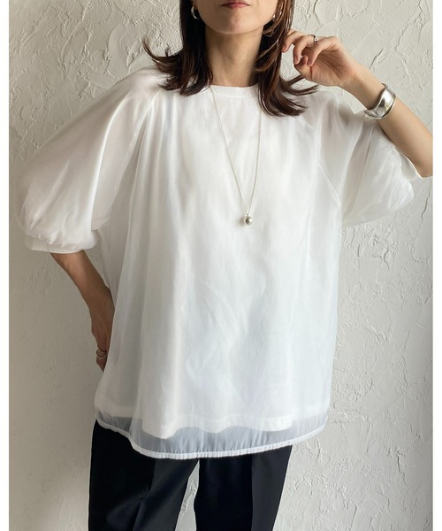 She's Closet(シーズクローゼット)の「オーガンジー異素材ドッキングボリュームスリーブシアーレイヤード半袖Tシャツ(Tシャツ/カットソー・レディース・ブラック/ホワイト/グレー/グリーン・FREE)」の8枚目の写真