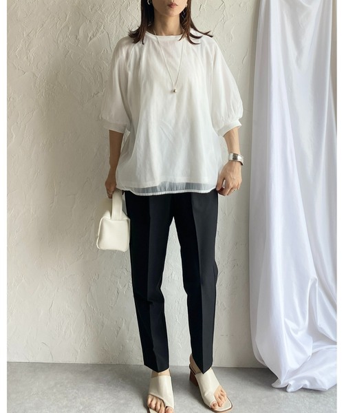 She's Closet(シーズクローゼット)の「オーガンジー異素材ドッキングボリュームスリーブシアーレイヤード半袖Tシャツ(Tシャツ/カットソー・レディース・ブラック/ホワイト/グレー/グリーン・FREE)」の20枚目の写真