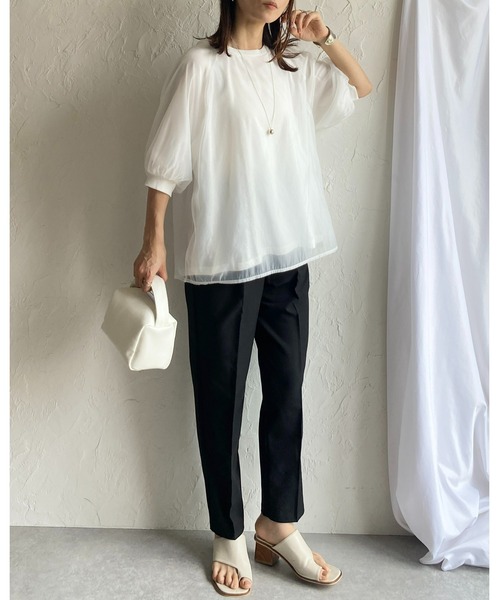 She's Closet(シーズクローゼット)の「オーガンジー異素材ドッキングボリュームスリーブシアーレイヤード半袖Tシャツ(Tシャツ/カットソー・レディース・ブラック/ホワイト/グレー/グリーン・FREE)」の12枚目の写真