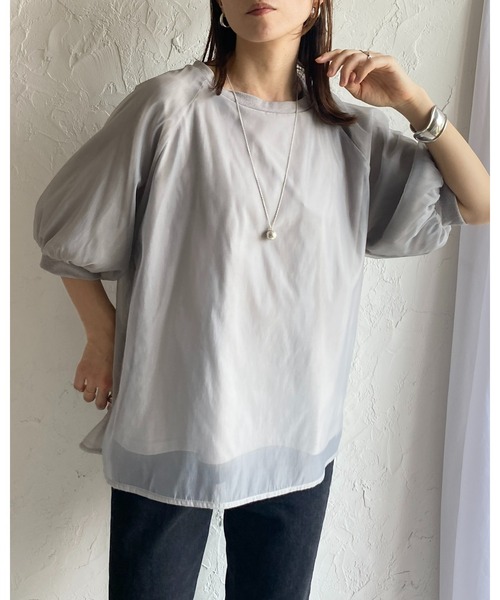 She's Closet(シーズクローゼット)の「オーガンジー異素材ドッキングボリュームスリーブシアーレイヤード半袖Tシャツ(Tシャツ/カットソー・レディース・ブラック/ホワイト/グレー/グリーン・FREE)」の16枚目の写真
