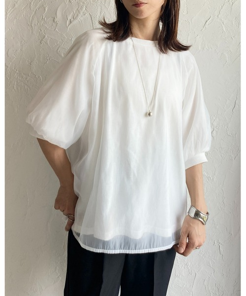 She's Closet(シーズクローゼット)の「オーガンジー異素材ドッキングボリュームスリーブシアーレイヤード半袖Tシャツ(Tシャツ/カットソー・レディース・ブラック/ホワイト/グレー/グリーン・FREE)」の5枚目の写真