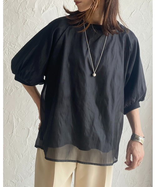 She's Closet(シーズクローゼット)の「オーガンジー異素材ドッキングボリュームスリーブシアーレイヤード半袖Tシャツ(Tシャツ/カットソー・レディース・ブラック/ホワイト/グレー/グリーン・FREE)」の17枚目の写真