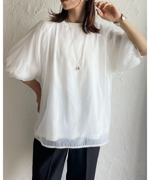 She's Closet(シーズクローゼット)の「オーガンジー異素材ドッキングボリュームスリーブシアーレイヤード半袖Tシャツ(Tシャツ/カットソー・レディース・ブラック/ホワイト/グレー/グリーン・FREE)」の18枚目の写真