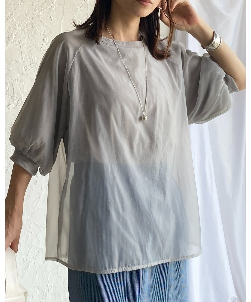 She's Closet(シーズクローゼット)の「オーガンジー異素材ドッキングボリュームスリーブシアーレイヤード半袖Tシャツ(Tシャツ/カットソー・レディース・ブラック/ホワイト/グレー/グリーン・FREE)」の7枚目の写真