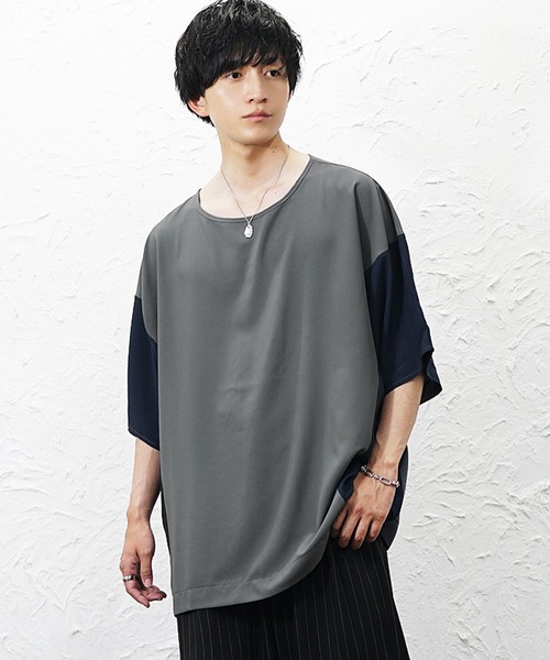 MinoriTY(マイノリティ)の「【MinoriTY】切り替えドルマンビッグTシャツ 半袖Tシャツ メンズ カットソー 秋服 夏服 オーバーサイズ ルーズシルエット ビッグサイズ(Tシャツ/カットソー・メンズ・ブルーグレー/ベージュ/ラベンダー/ブラック/グレー・S/M/L)」の2枚目の写真