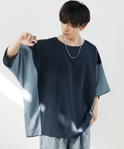 MinoriTY（マイノリティ）の「【MinoriTY】切り替えドルマンビッグTシャツ 半袖Tシャツ メンズ カットソー 秋服 夏服 オーバーサイズ ルーズシルエット ビッグサイズ（Tシャツ/カットソー・メンズ・ブルーグレー/ベージュ/ラベンダー/ブラック・S/M/L）」の5枚目の写真