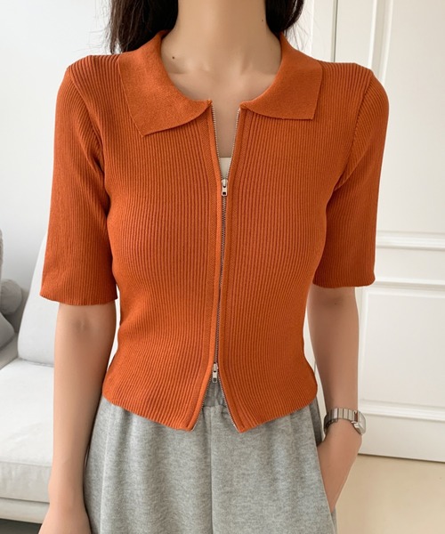 セール】【七色展開 】ダブルジップアップカラー半袖カーディガン