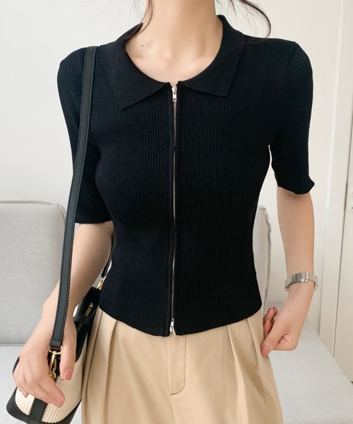 セール】【七色展開 】ダブルジップアップカラー半袖カーディガン