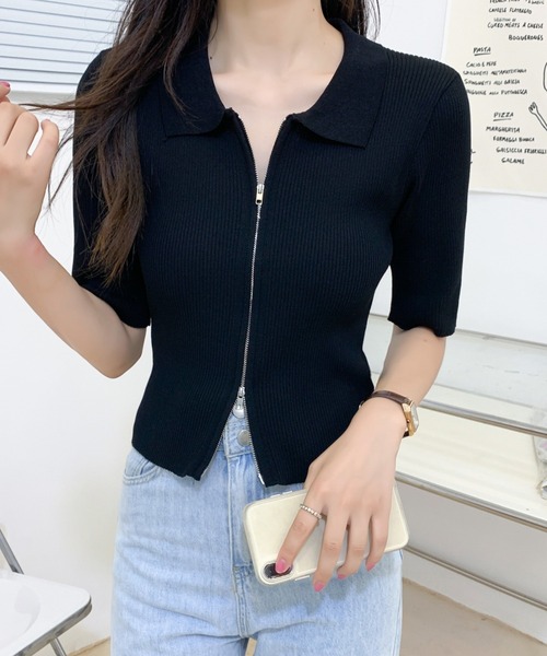 セール】【七色展開 】ダブルジップアップカラー半袖カーディガン