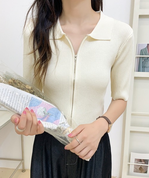 セール】【七色展開 】ダブルジップアップカラー半袖