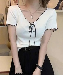 配色メローパイピングレースアップTシャツ