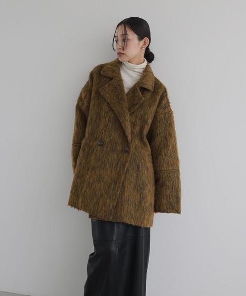 シャギーチェックレイヤードコートイエロー manela hellam /同型 JUNOAH ステンカラーコート コート 2wayオーバーサイズシャギー