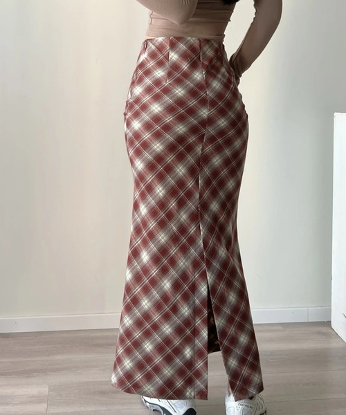 aimoha（アイモハ）の「チェック柄マーメードスカート（スカート・レディース・チョコ/ネイビー/レッド・SMALL/MEDIUM）」の9枚目の写真
