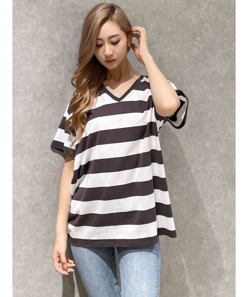 GYDA(ジェイダ)の「RAMOメッシュ VネックTシャツ(Tシャツ/カットソー・レディース・チャコールグレー/オフホワイト/その他1/イエロー・FREE)」の6枚目の写真