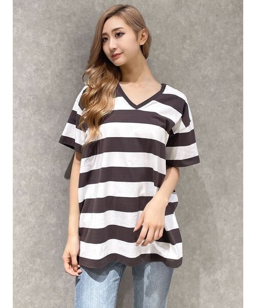 GYDA(ジェイダ)の「RAMOメッシュ VネックTシャツ(Tシャツ/カットソー・レディース・チャコールグレー/オフホワイト/その他1/イエロー・FREE)」の7枚目の写真