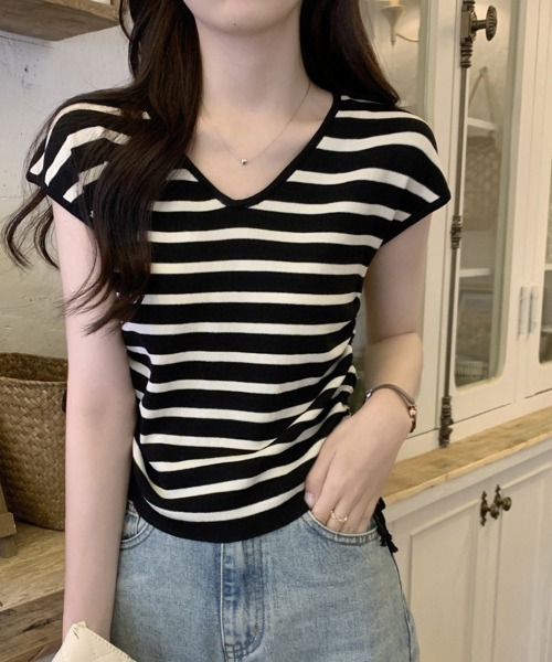 Miniministore(ミニミニストア)の「サマーニット ボーダー柄 レディース夏服(Tシャツ/カットソー・レディース・ブラック/ブラック×ホワイト/ホワイト/ベージュ×ブラック/ベージュ・FREE)」の3枚目の写真
